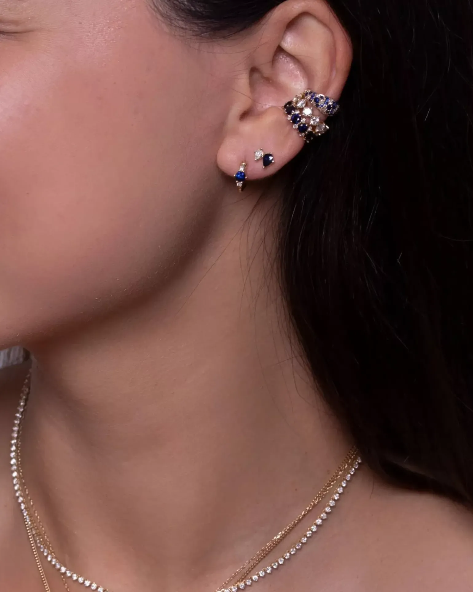 Sapphire & Diamond Trio Huggie Hoops